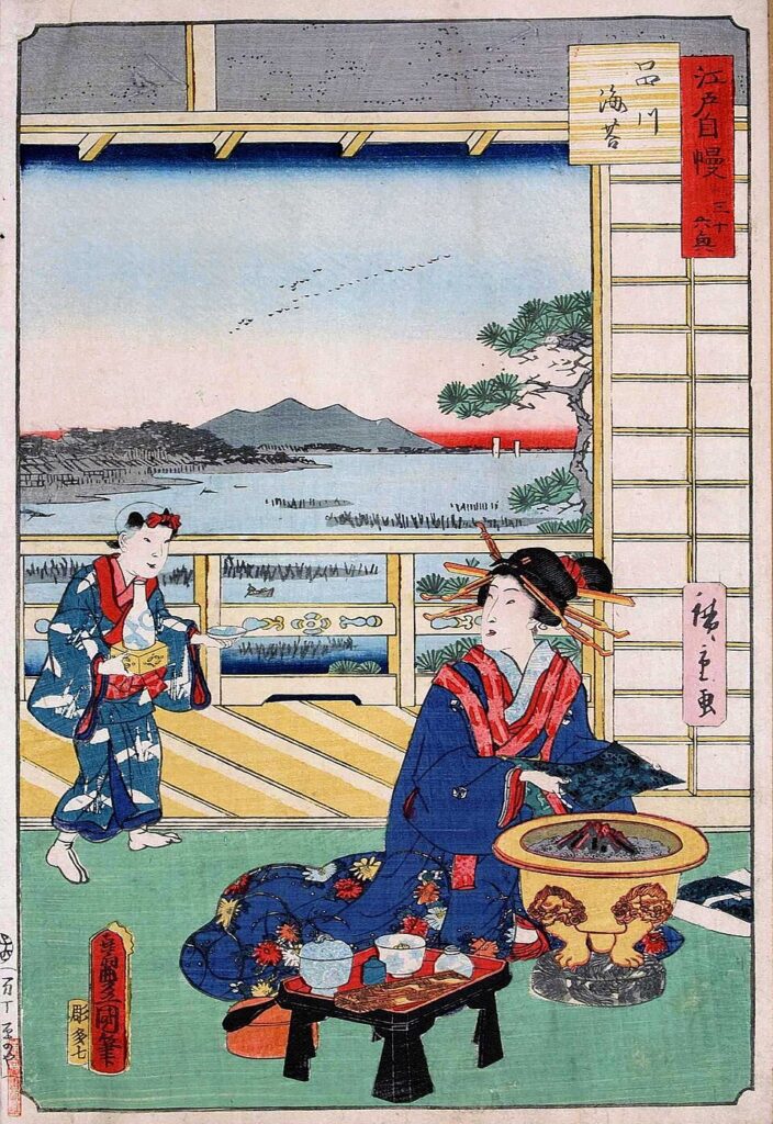 歌川国芳が描いた、海苔を焼く女性「江戸自慢 品川海苔」