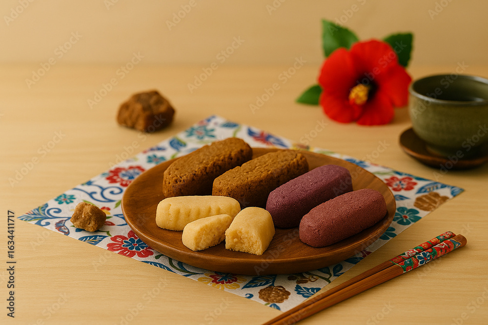 Assorted Traditional Okinawan Chinsuko Cookies with Sanpin Tea on Ryukyu Glass Plate