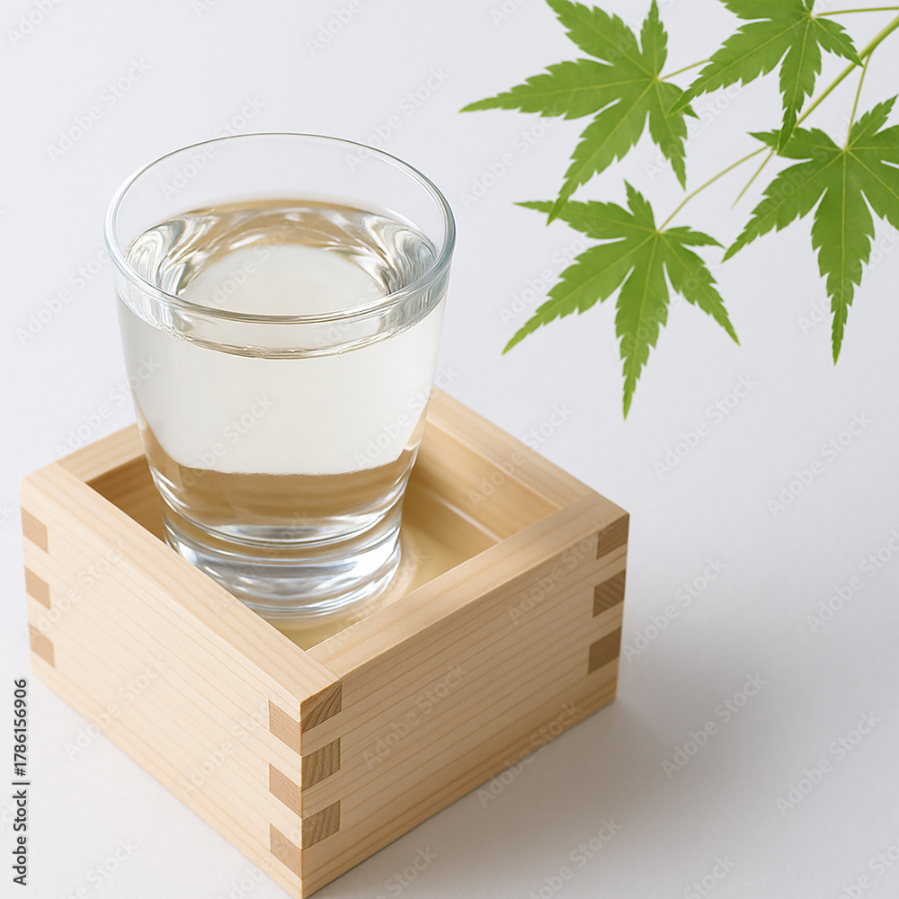 升に入ったお酒と青もみじ　純米大吟醸